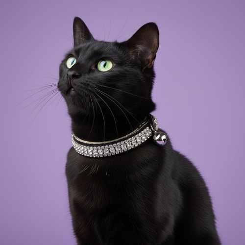 Green-eyed sleek black cat sitting upright and gazing upward wearing a black cat collar with triple-row clear rhinestone band and silver bell on lavender background