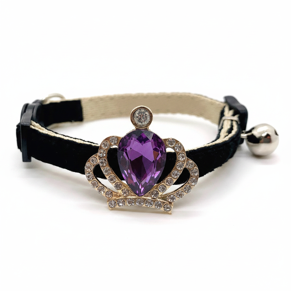 Black velvet cat collar with gold crown pendant, large purple amethyst teardrop gem, rhinestone accents, safety breakaway buckle and silver bell — luxury cat collar