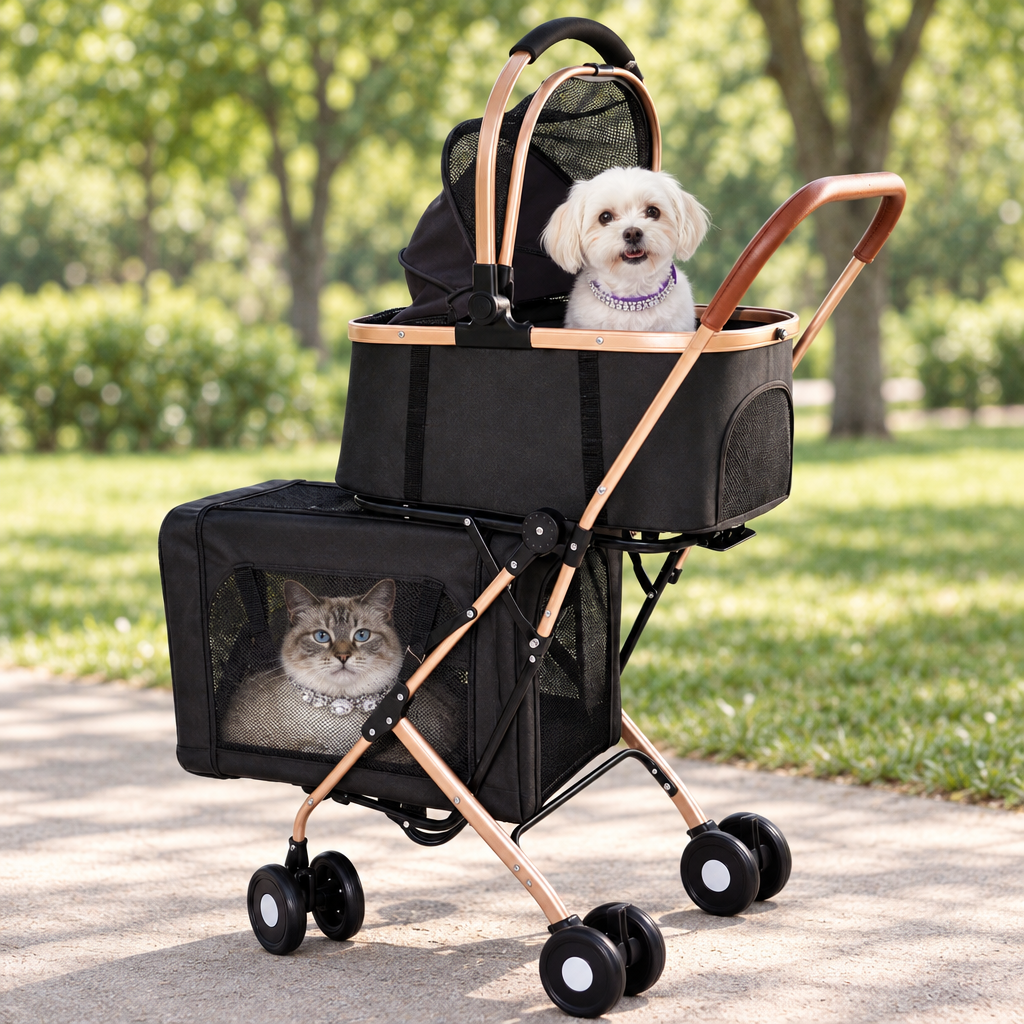 Black double stroller outdoors with pets wearing Pretty Posh Pets collars