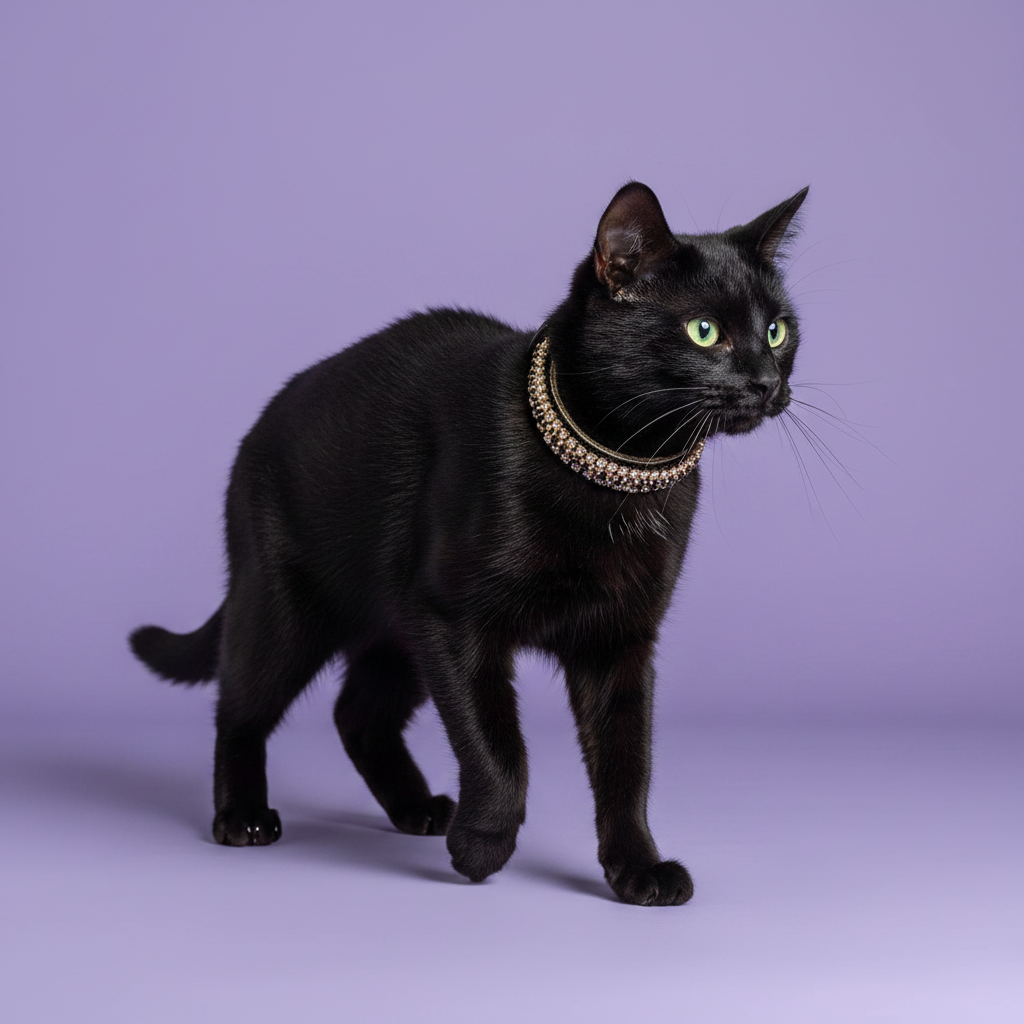Green-eyed black cat mid-stride wearing a black and gold rhinestone cat collar