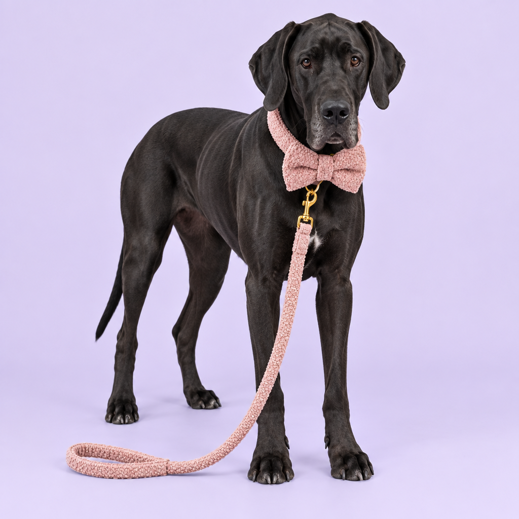 Black Great Dane in pink teddy-fleece set