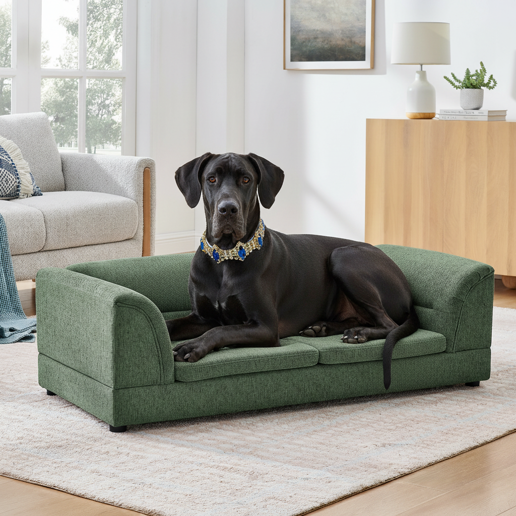 Black Great Dane wearing the blue and gold jeweled collar on the green pet sofa