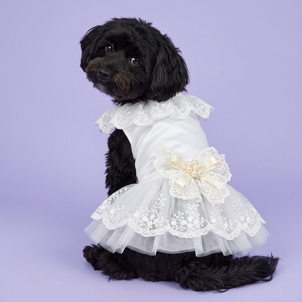 Black Havanese looking back to show the pearl-centered bow