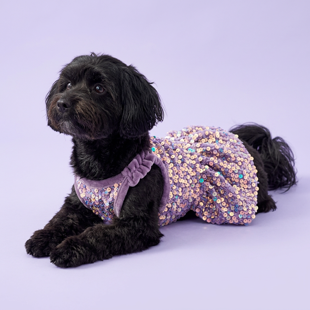 Black Havanese lounging in the lavender sequin dress