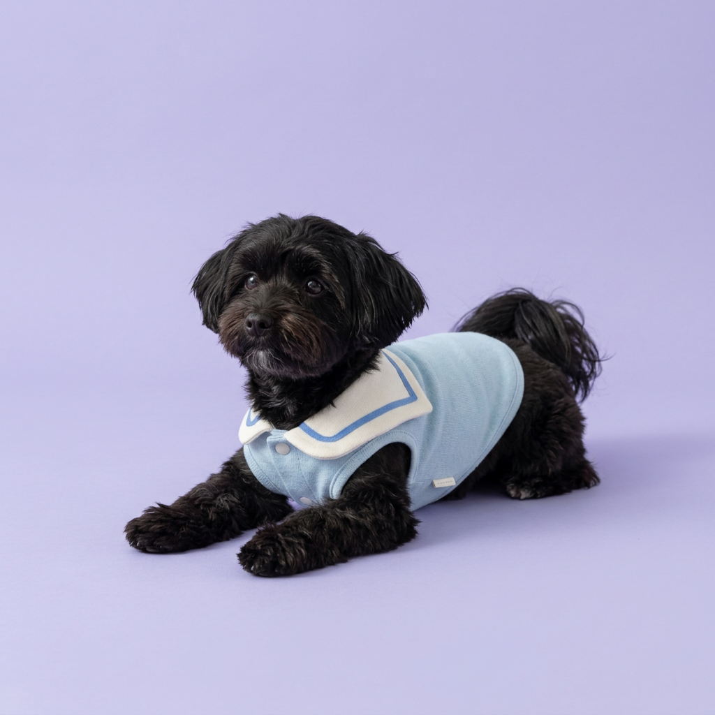 Black Havanese lounging in the light-blue sailor shirt