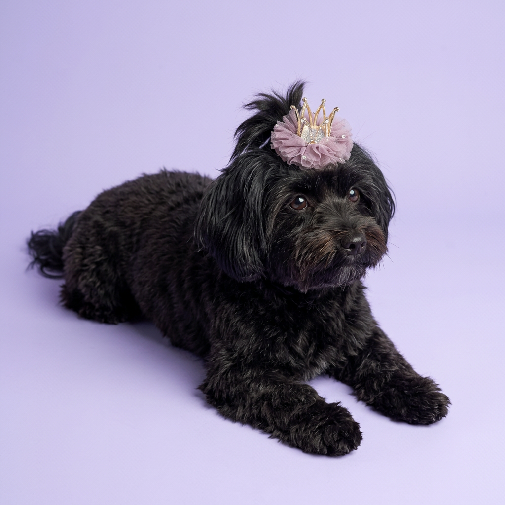 Black Havanese lounging with the lavender crown clip