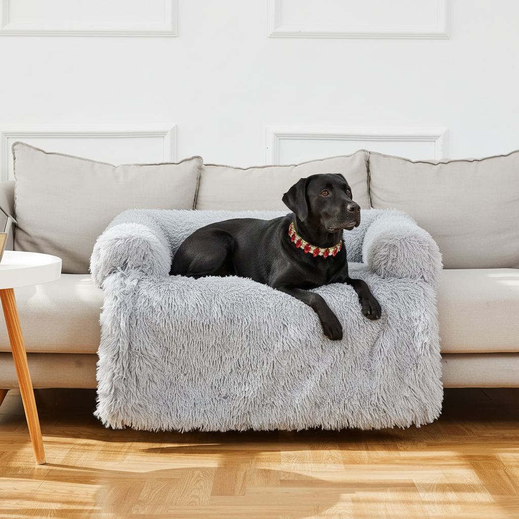 Black Labrador wearing a red and gold floral crystal collar lying on an icy silver grey long shaggy faux fur sofa cover protector draped over a cream upholstered sofa in a bright modern living room with white paneled walls and light oak herringbone floors