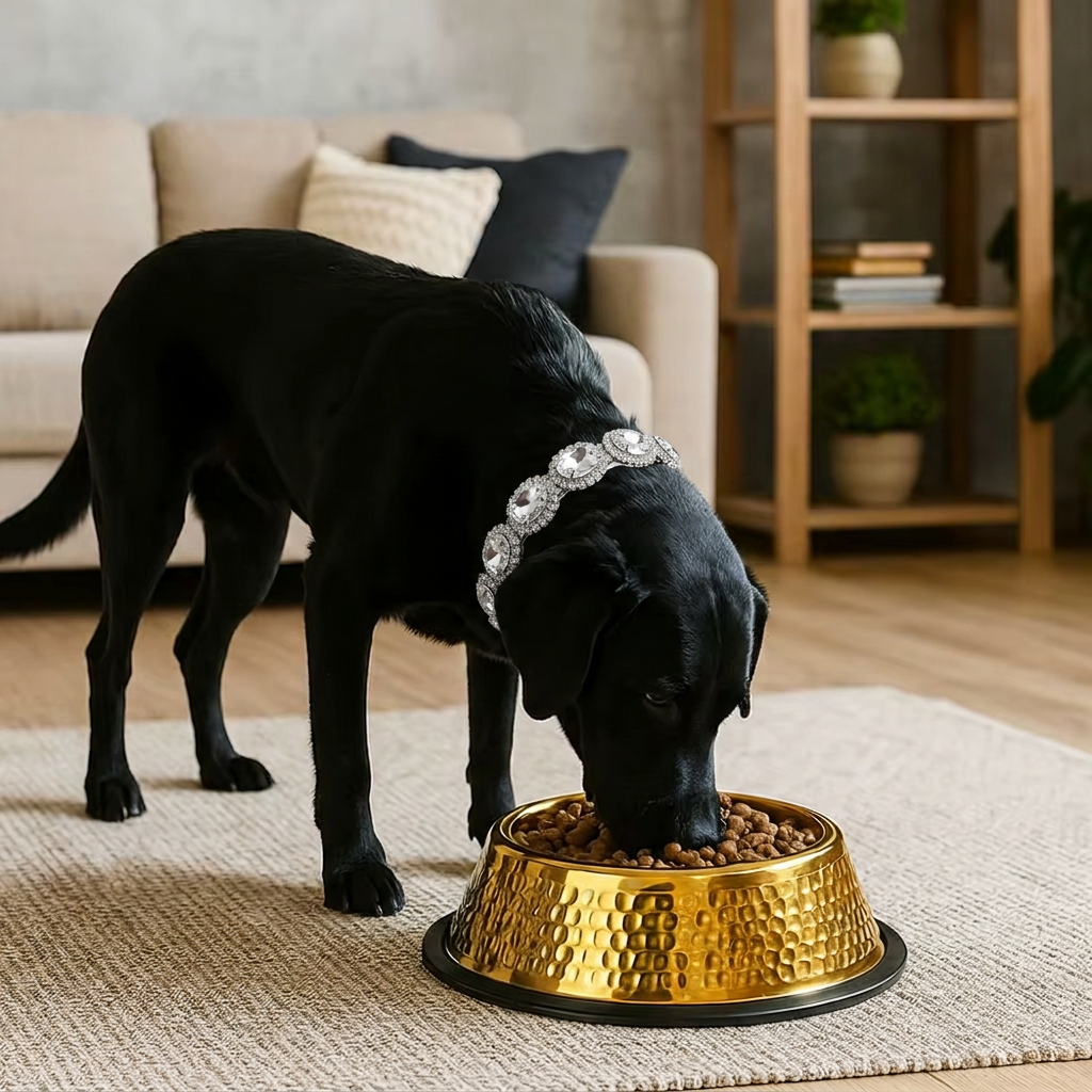 Black Labrador eating from the gold hammered bowl, wearing the Diamond Diva crystal collar