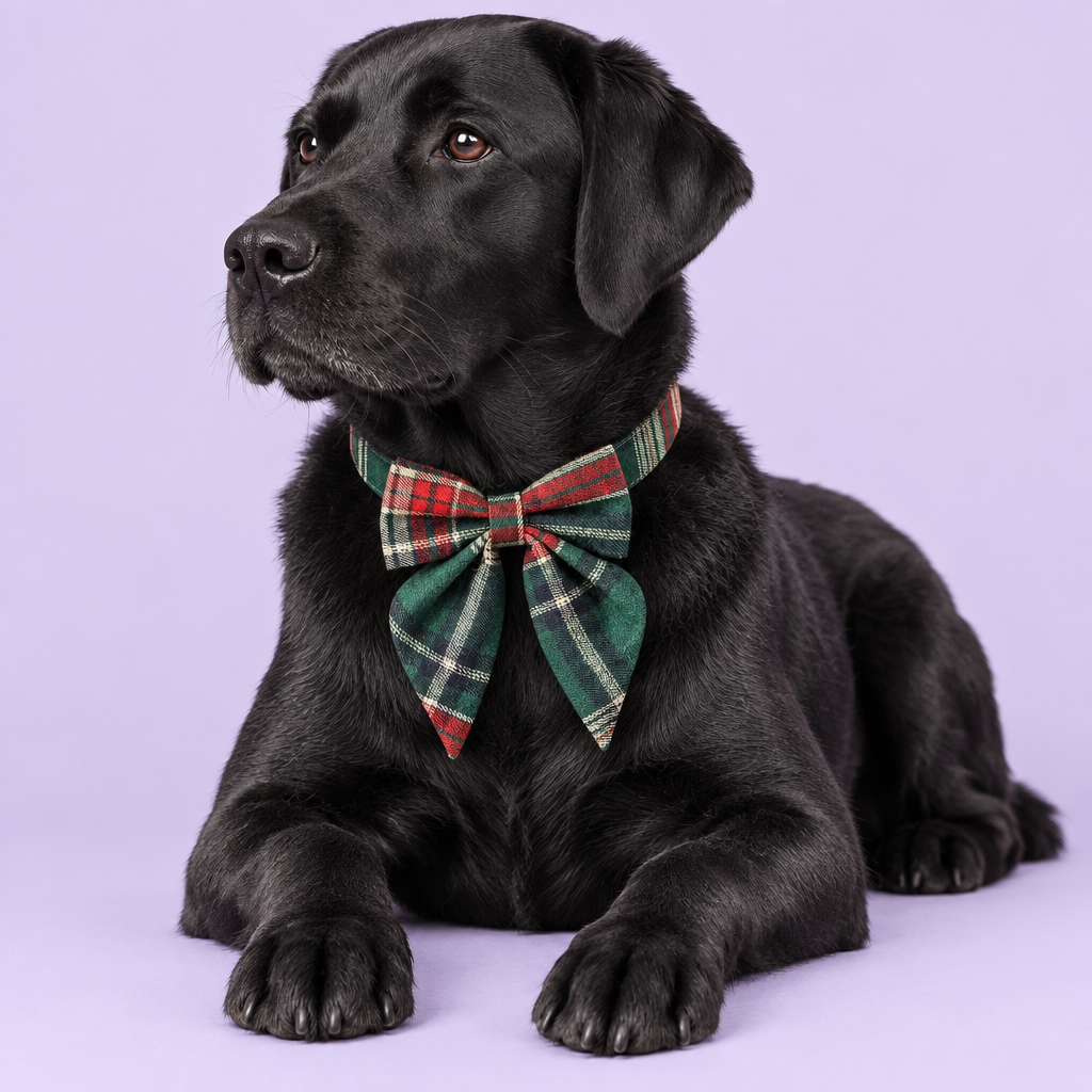 Black Labrador reclining in long-tail plaid bow collar