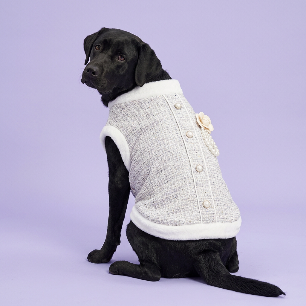 Black Labrador seated and looking back to show the jacket details