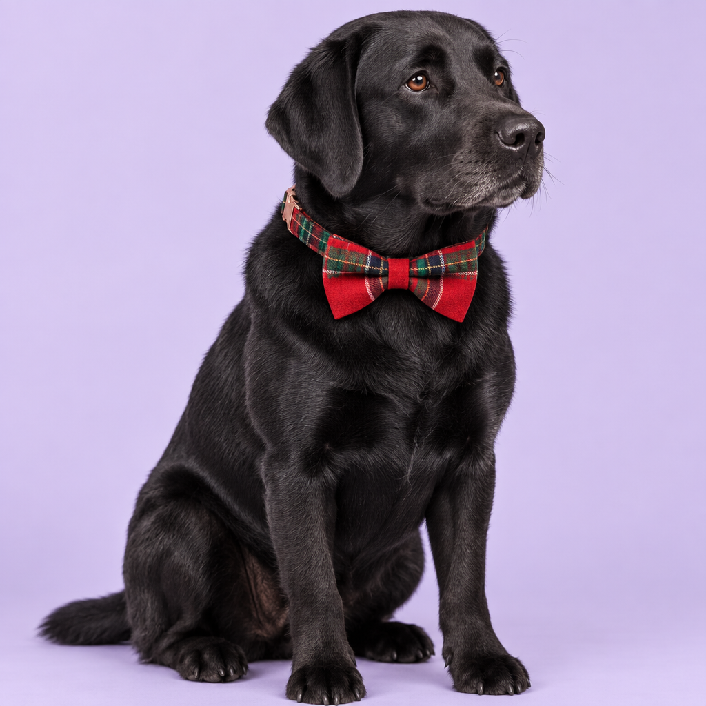Black Labrador sitting in red tartan bow collar