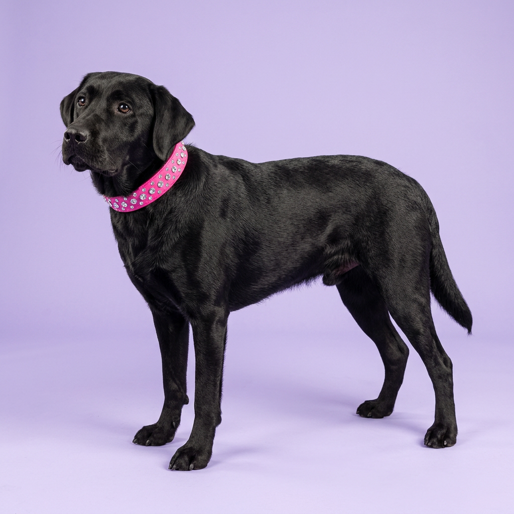 Black Labrador standing and glancing back over its shoulder, wearing the hot pink rhinestone collar
