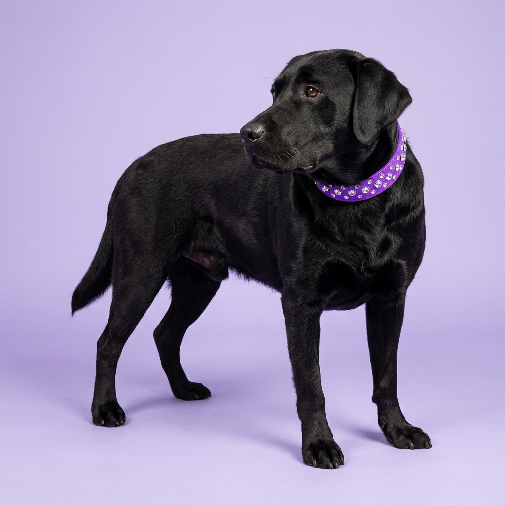 Black Labrador standing and glancing back over its shoulder, wearing the wide purple rhinestone collar