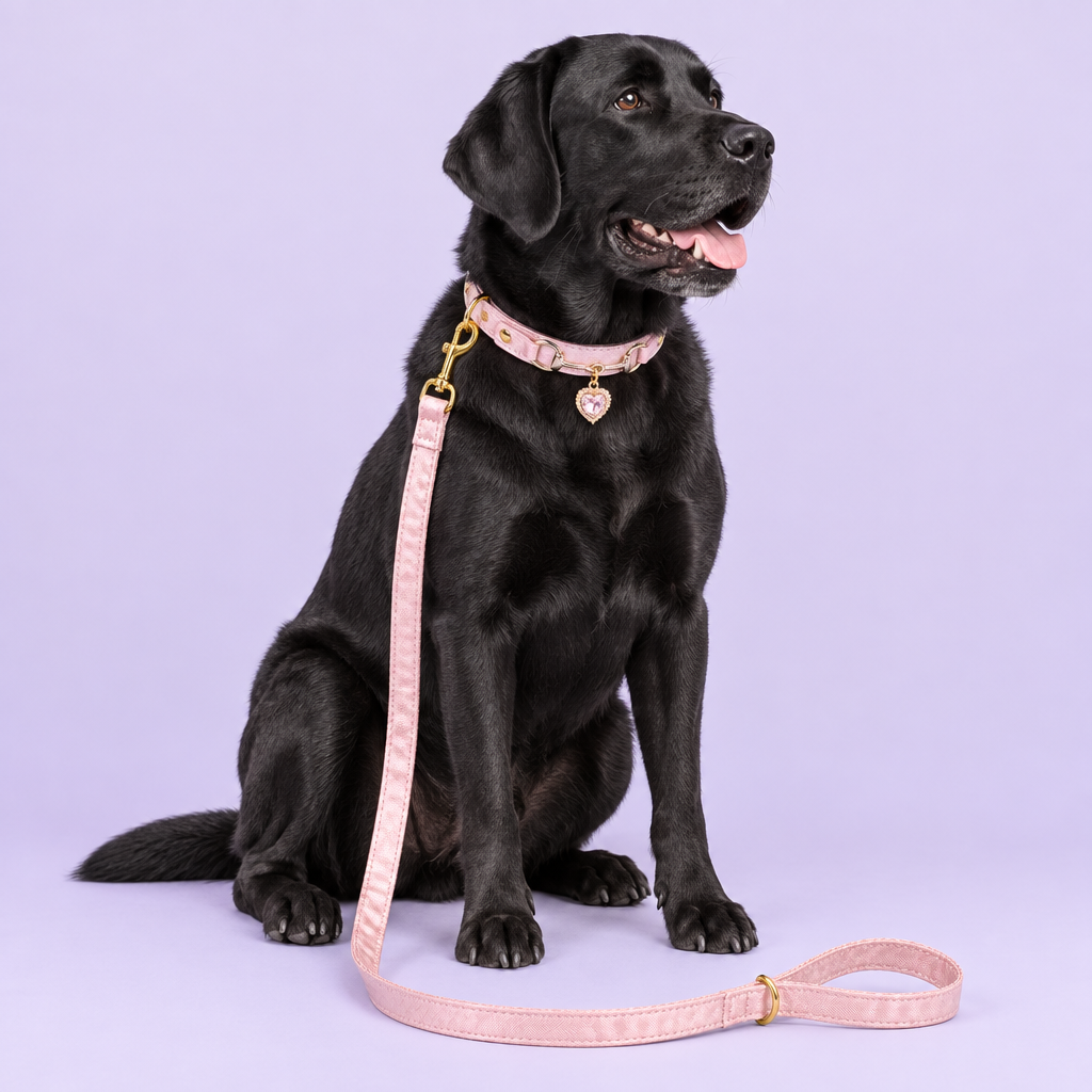 Black Labrador with pink heart collar and pink silky leash