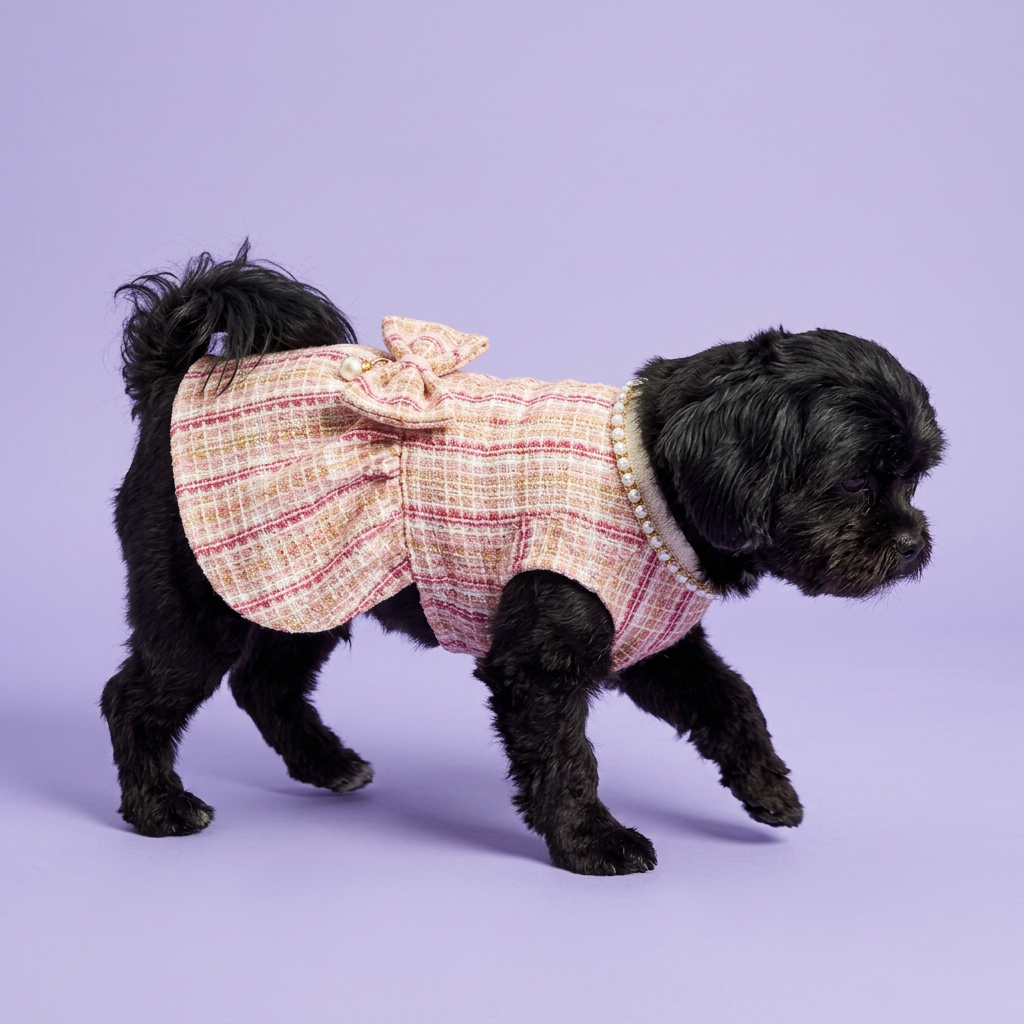 Black Lhasa Apso gently stepping in the pink dress