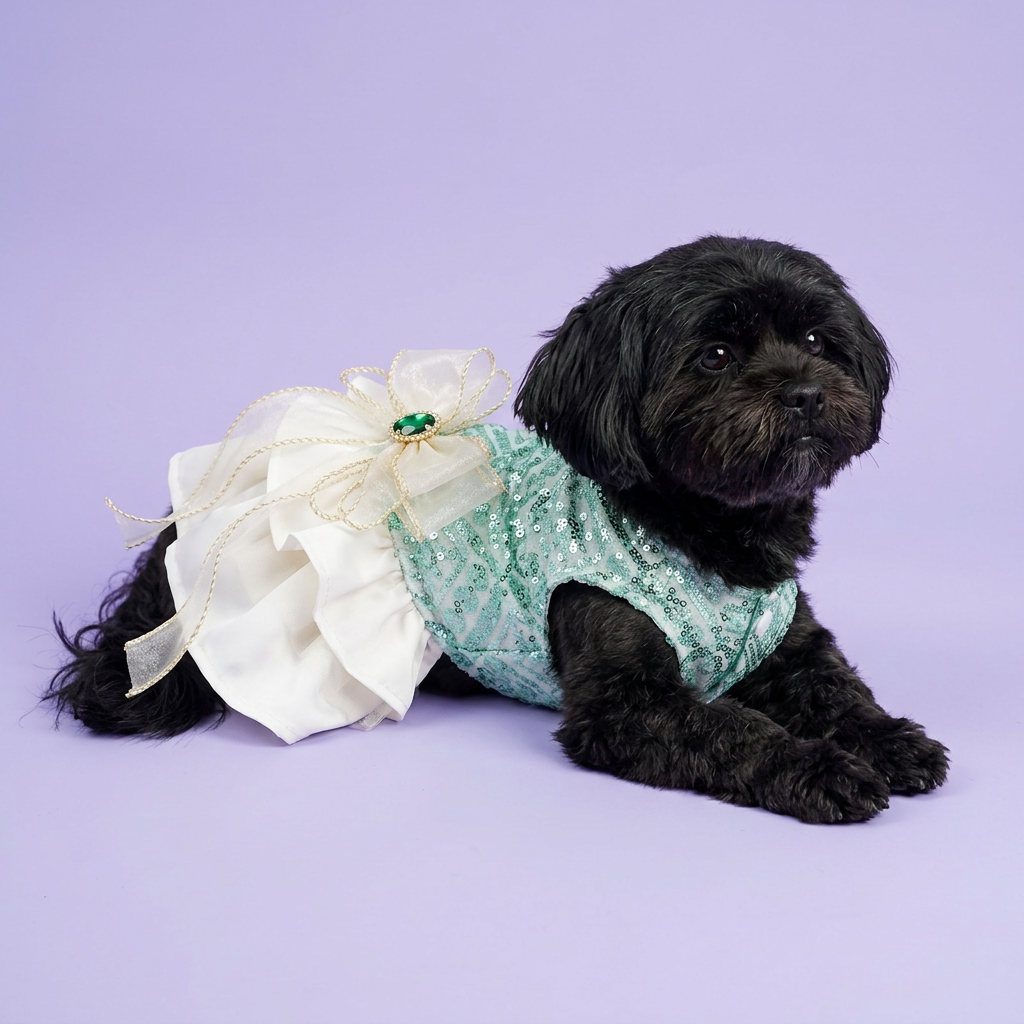 Black Lhasa Apso lounging with crossed forepaws in the mint-and-ivory dress