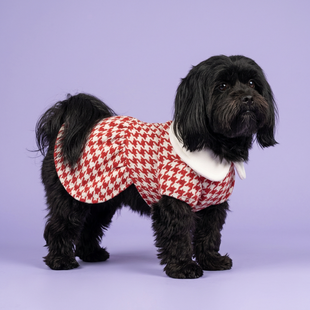 Black Lhasa Apso standing in the houndstooth dress