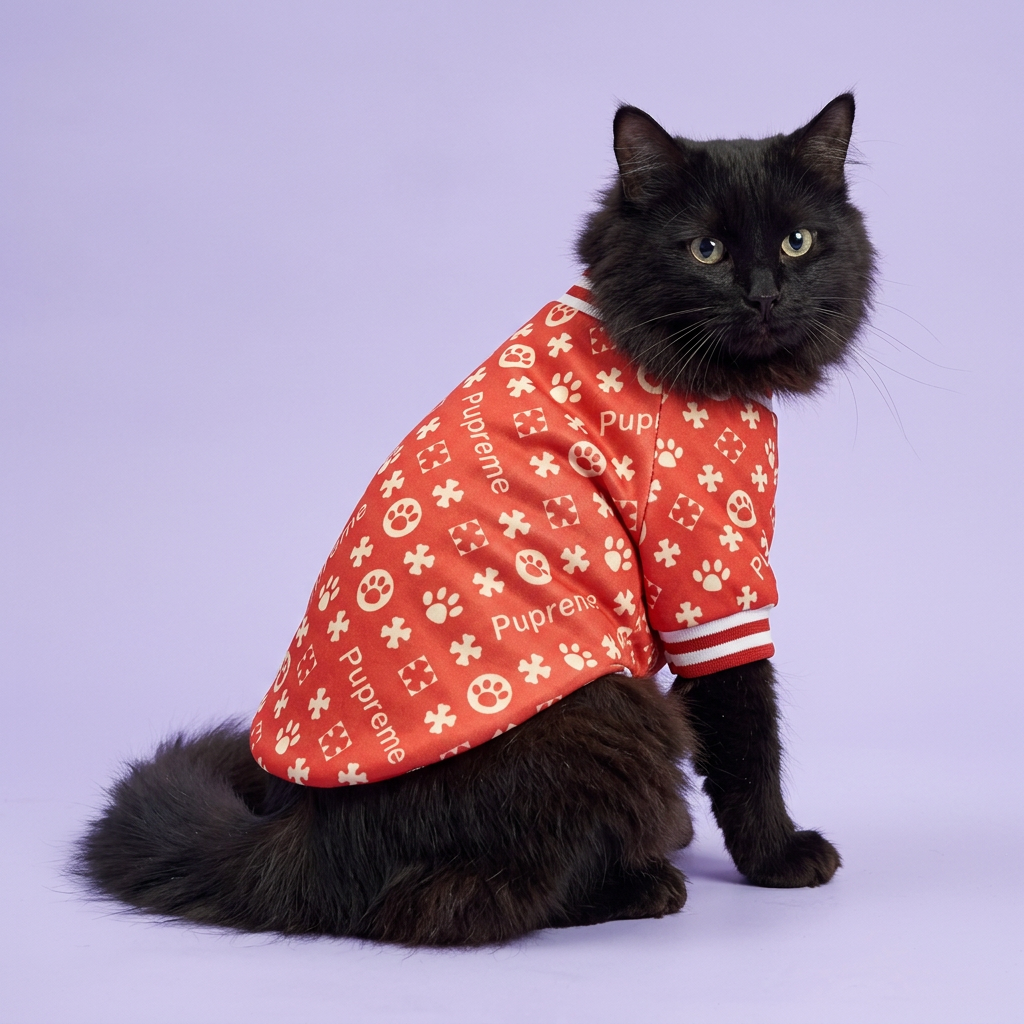 Black longhaired cat looking back to show the red top