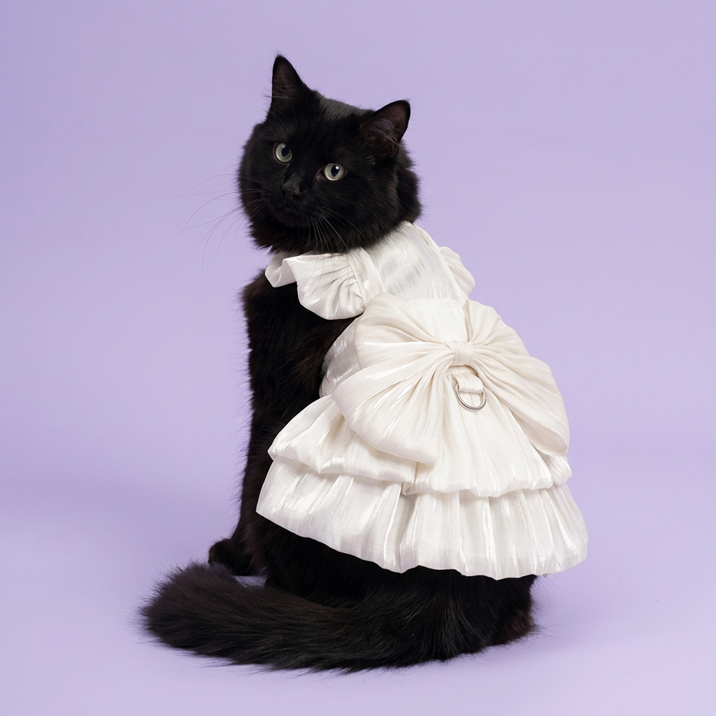 Black longhaired cat showing the white back bow
