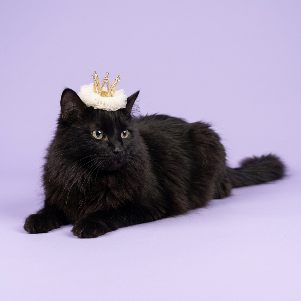 Black longhaired cat wearing the white crown clip