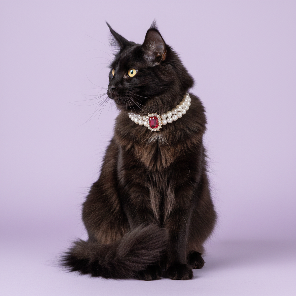 Black Maine Coon cat sitting alertly and looking to the side while wearing a double pearl collar with a red gemstone pendant against a lavender background