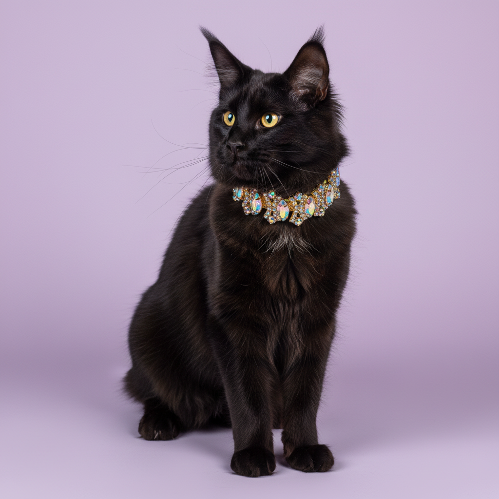 Black Maine Coon in the gold and AB rhinestone collar