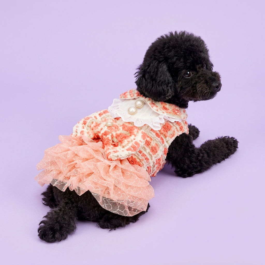 Black miniature poodle lounging in the coral dress