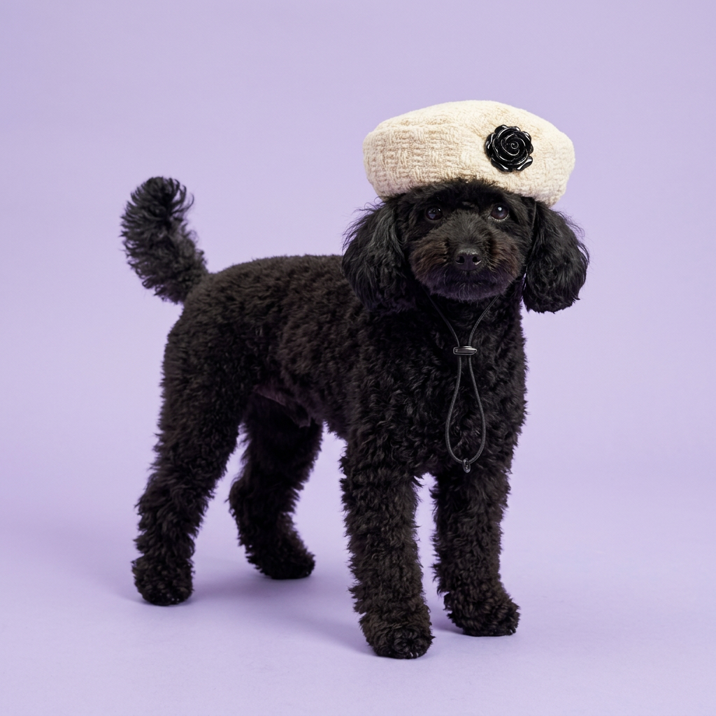 Black miniature poodle standing in the ivory beret
