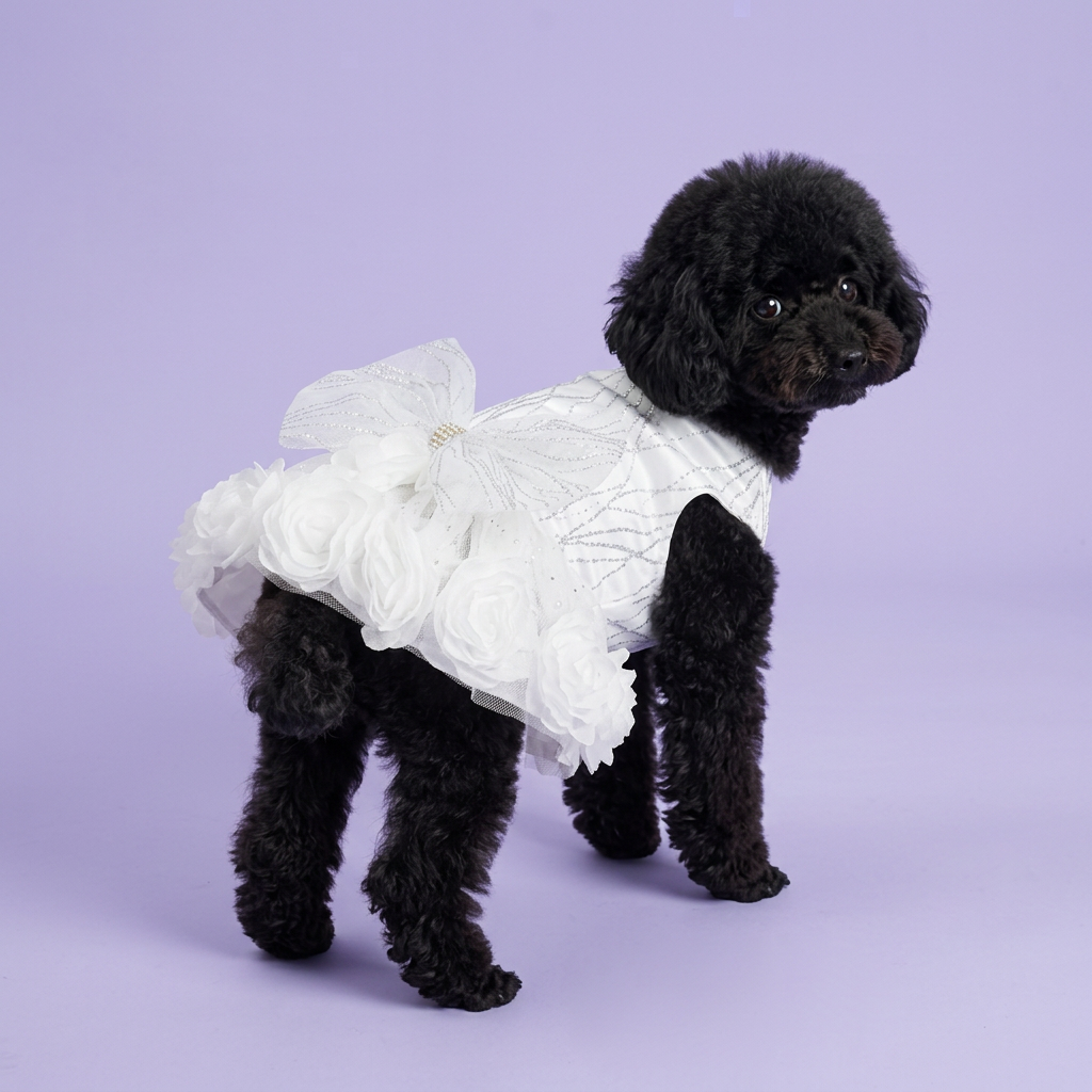 Black miniature poodle wearing the white rosette dress