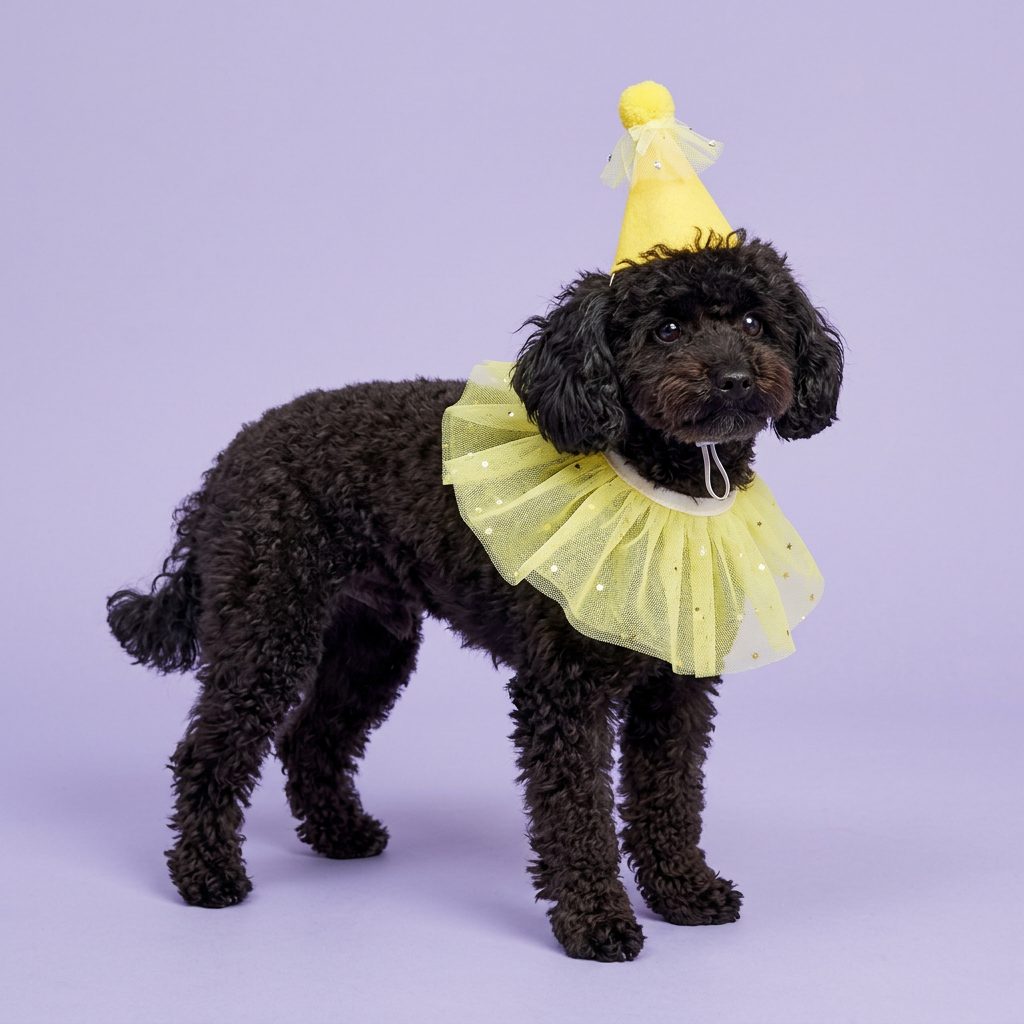 Black miniature poodle wearing the yellow party set