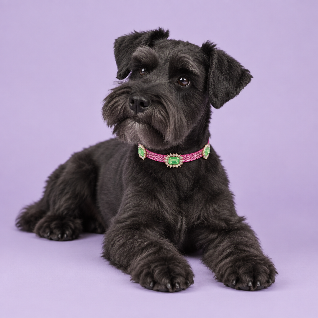 Black miniature schnauzer reclining with paws extended