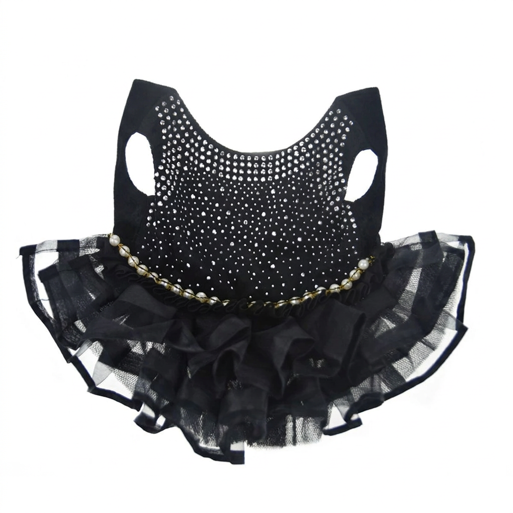 Black pet dress centered on a clean white background without a stand