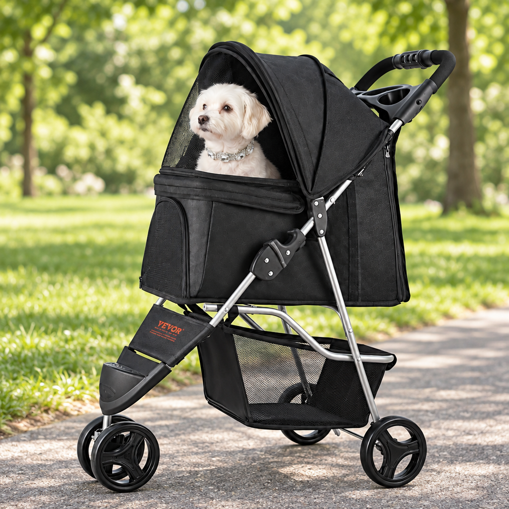 Black pet stroller with Diamond Diva collar outdoors
