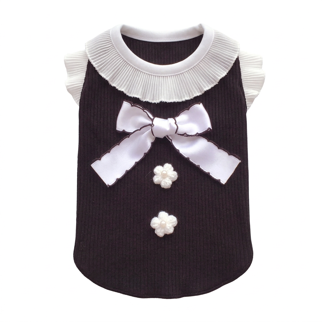Black pet top with white ruffled collar, bow, and flowers, straightened on pure white