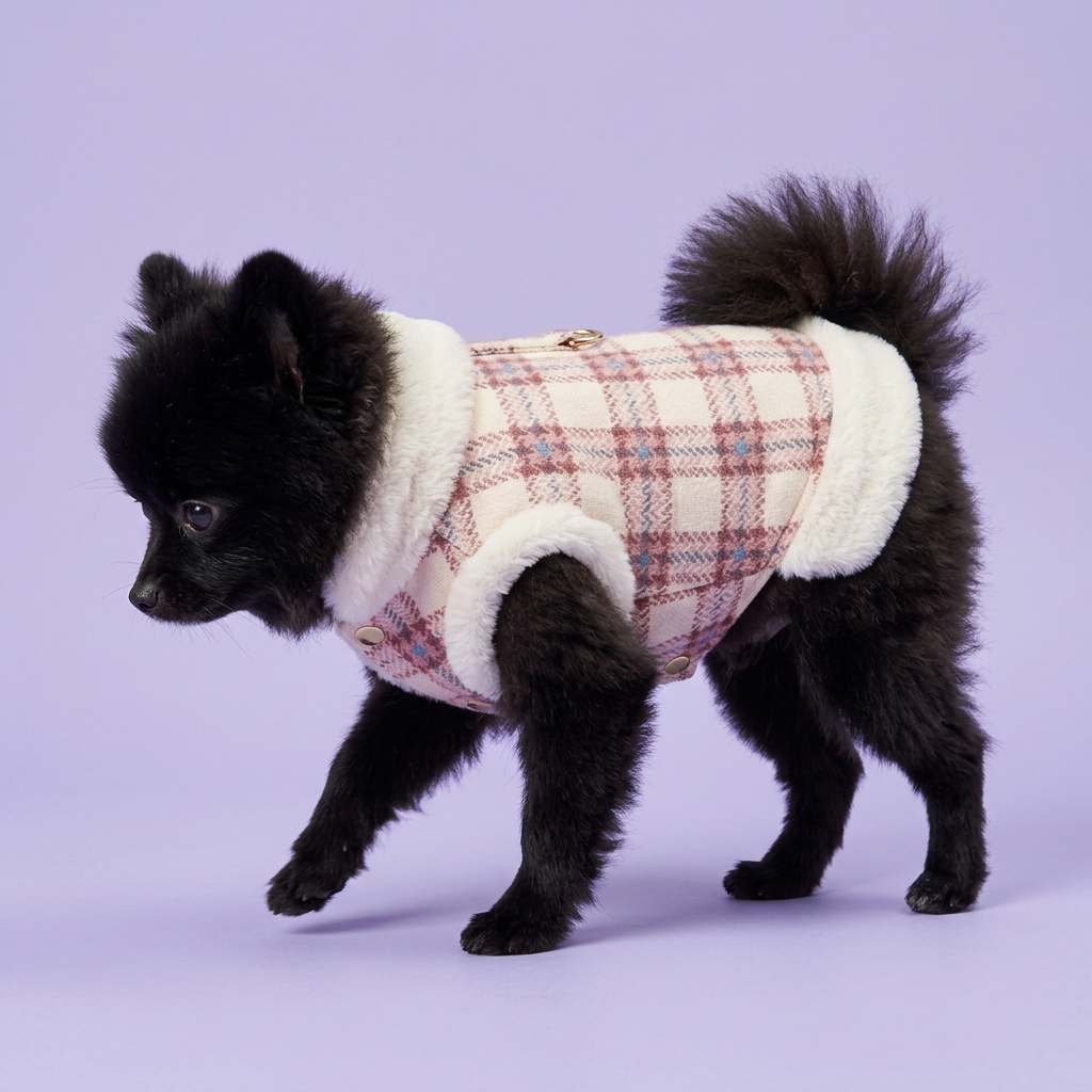 Black Pomeranian gently stepping in the pink vest