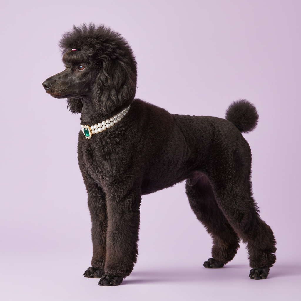 Black Poodle standing in profile and wearing a double pearl collar with an emerald gemstone pendant against a lavender background
