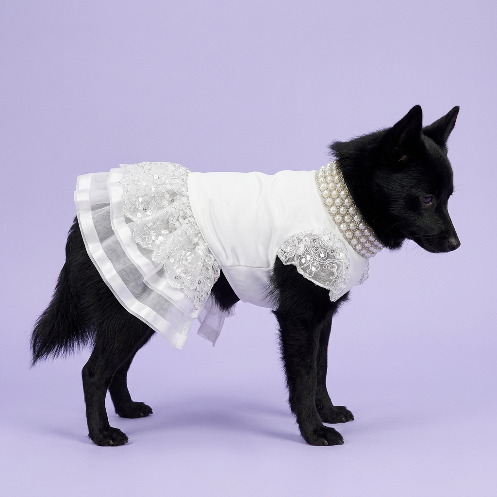 Black Schipperke standing side-on