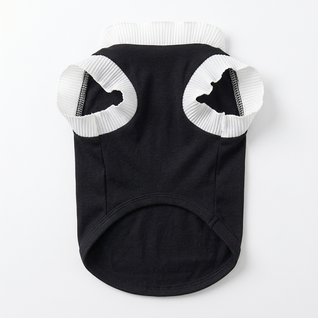 Black shirt with white ruffles in the matching straightened reverse view
