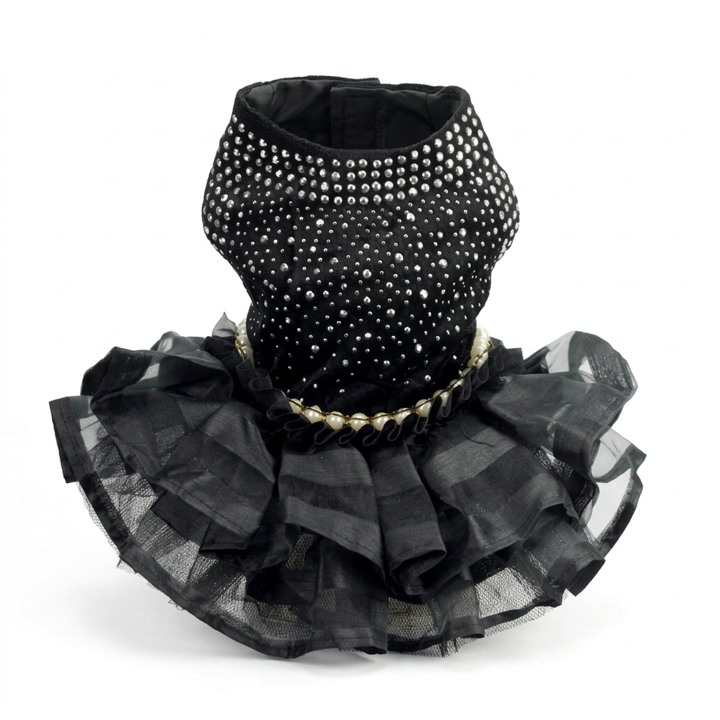 Black sparkling pet dress on a white background without the stand