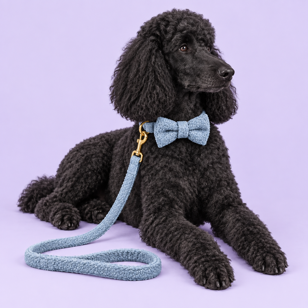 Black Standard Poodle in blue teddy-fleece bow-tie set
