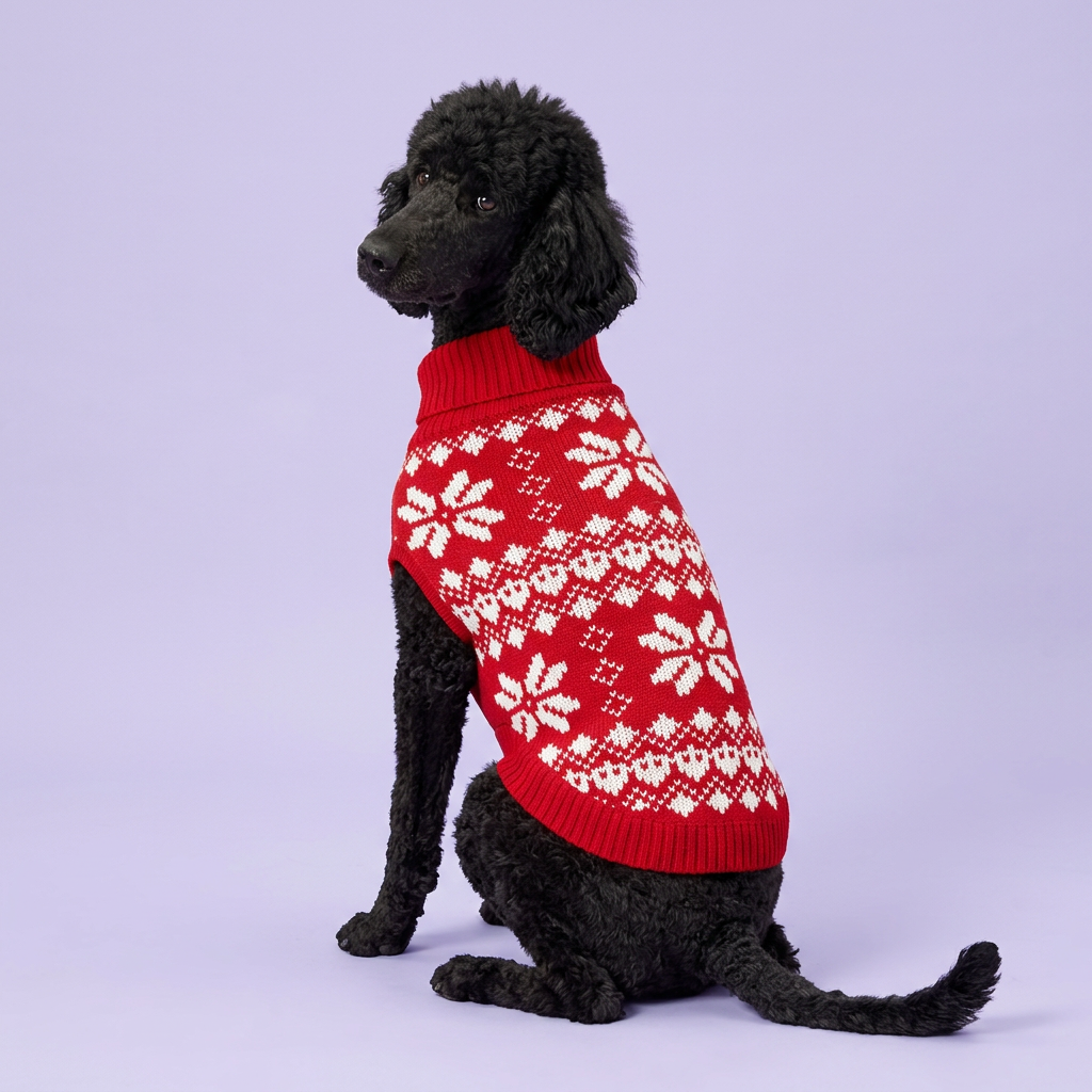 Black Standard Poodle in the red snowflake sweater