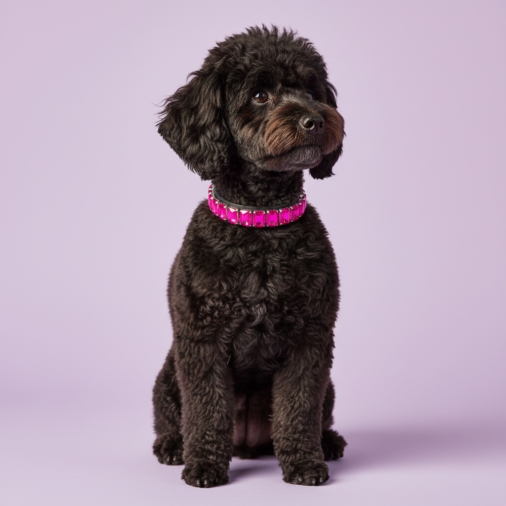 Black Toy Poodle wearing a hot pink rhinestone collar against a soft lavender studio background.