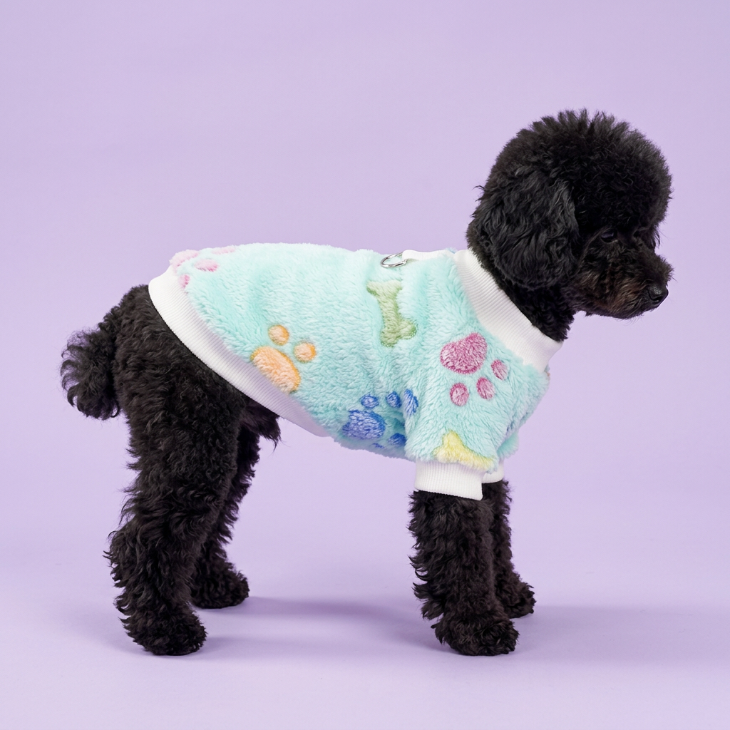 Black toy poodle in the mint paw-print sweater