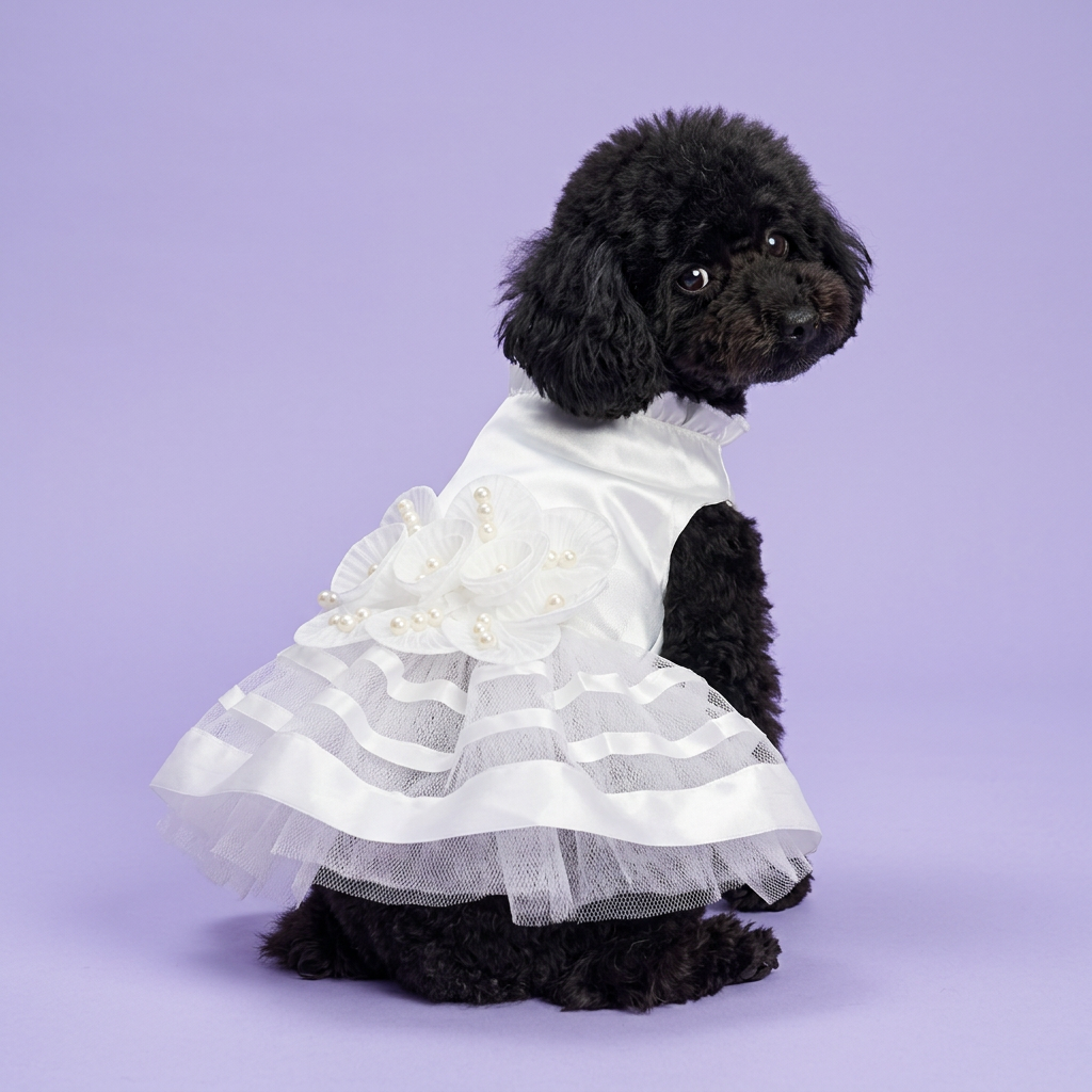 Black toy poodle looking back to show the pearl-centered flowers
