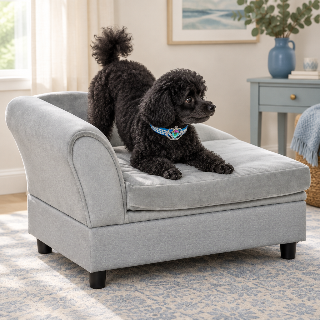 Black toy poodle on the silver couch wearing the blue crown collar