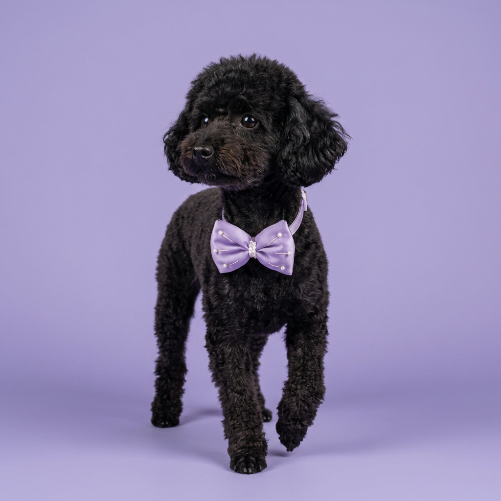 Black toy poodle stepping in lavender bow collar