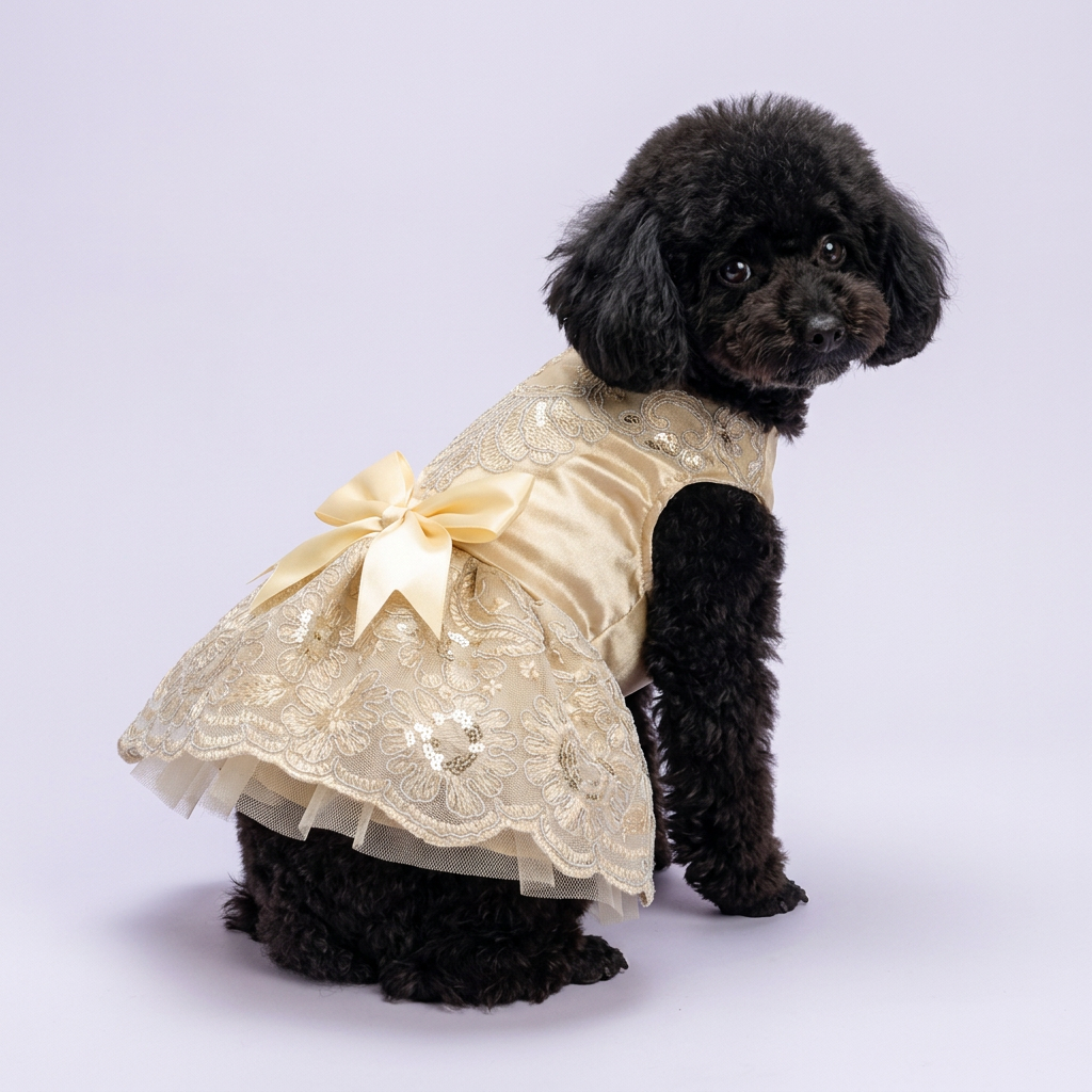 Black toy poodle wearing the champagne-gold dress