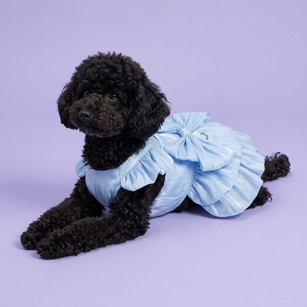 Black toy poodle wearing the powder-blue tiered dress