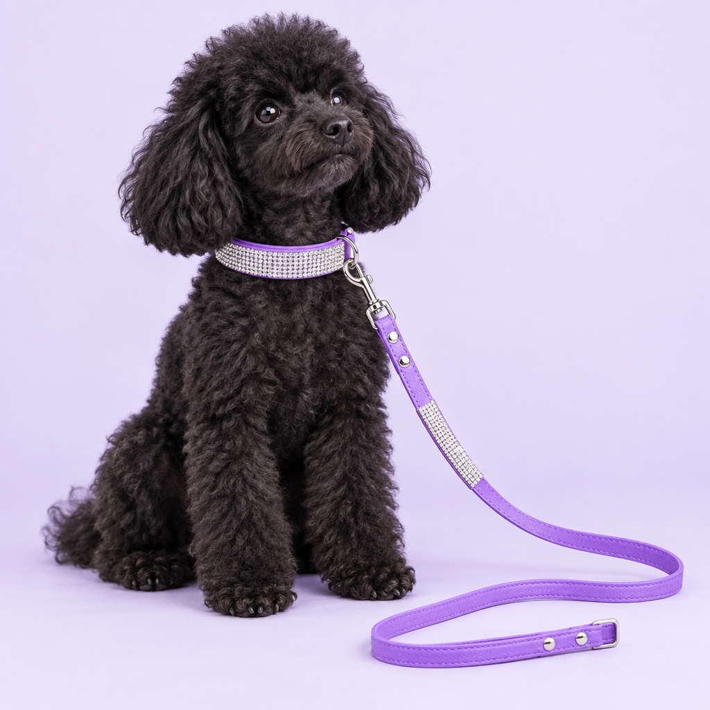 Black toy poodle wearing the purple collar and leash