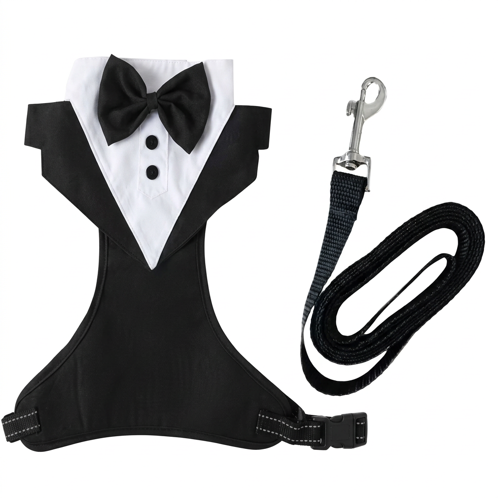Black tuxedo harness and matching leash together on a square white background